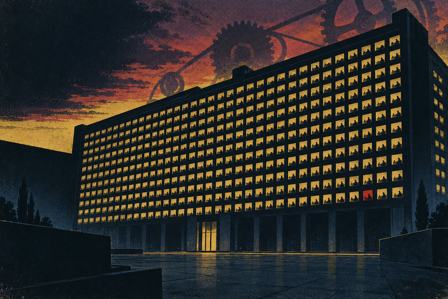 A huge office building at dusk, its face a grid of hundreds of lit windows, each with a small figure at a desk. Giant gears turn faintly above the roof.