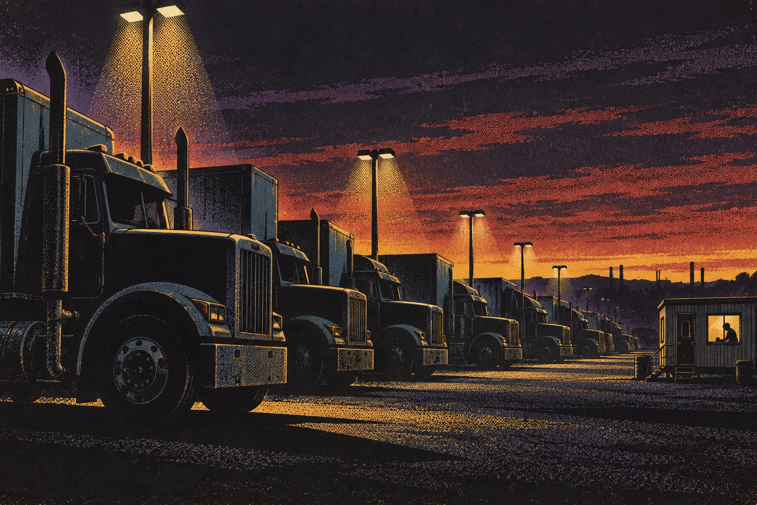 A truck lot at dusk: long rows of tractor cabs under sodium lamps, one lit office trailer at the edge.