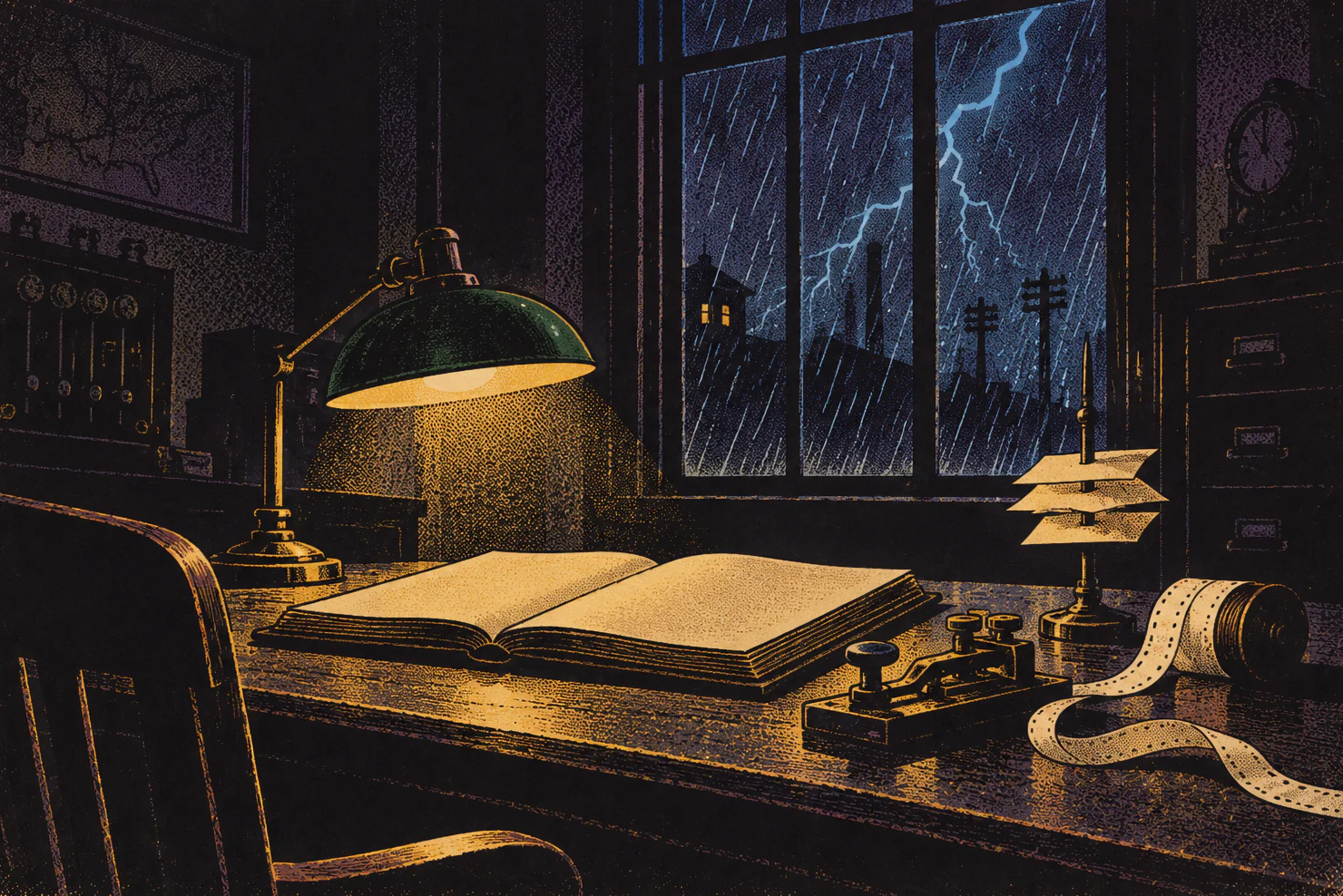 A night telegraph office in a storm: a brass telegraph key, spilling paper tape, a ledger open under a green lamp, lightning in the window.