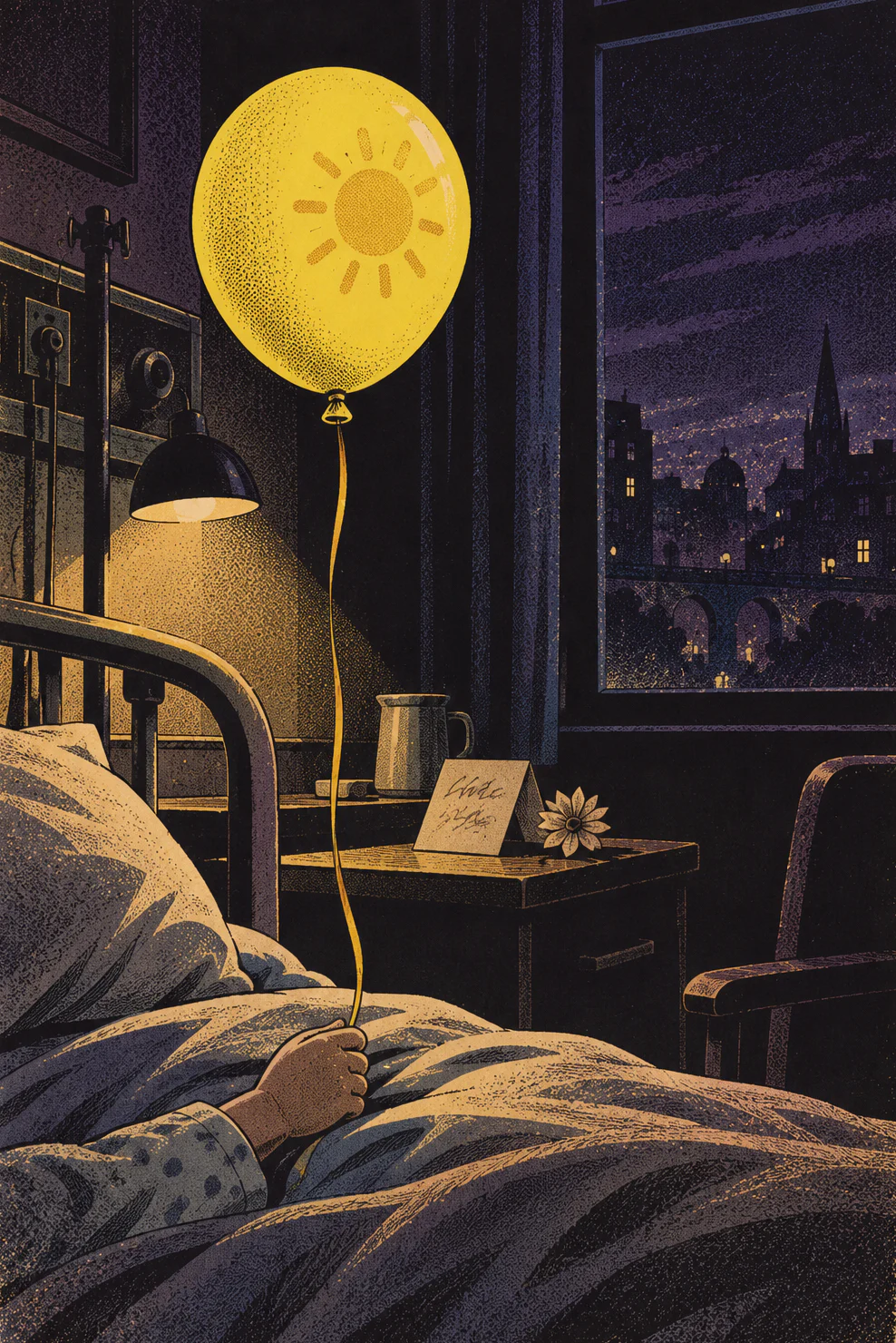 A quiet hospital room at night. A small hand holds the ribbon of one bright yellow balloon. A handwritten card sits on the bedside table.