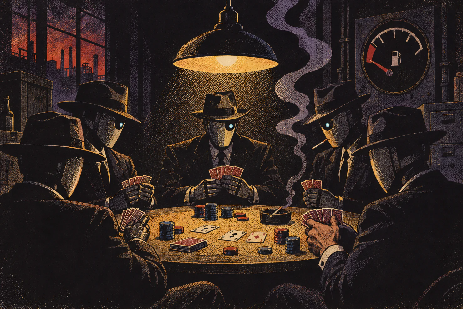 Five figures in suits and fedoras at a card table under one lamp. Their heads are blank machine shells; one cuff shows a real human wrist. A fuel gauge on the wall reads nearly empty.