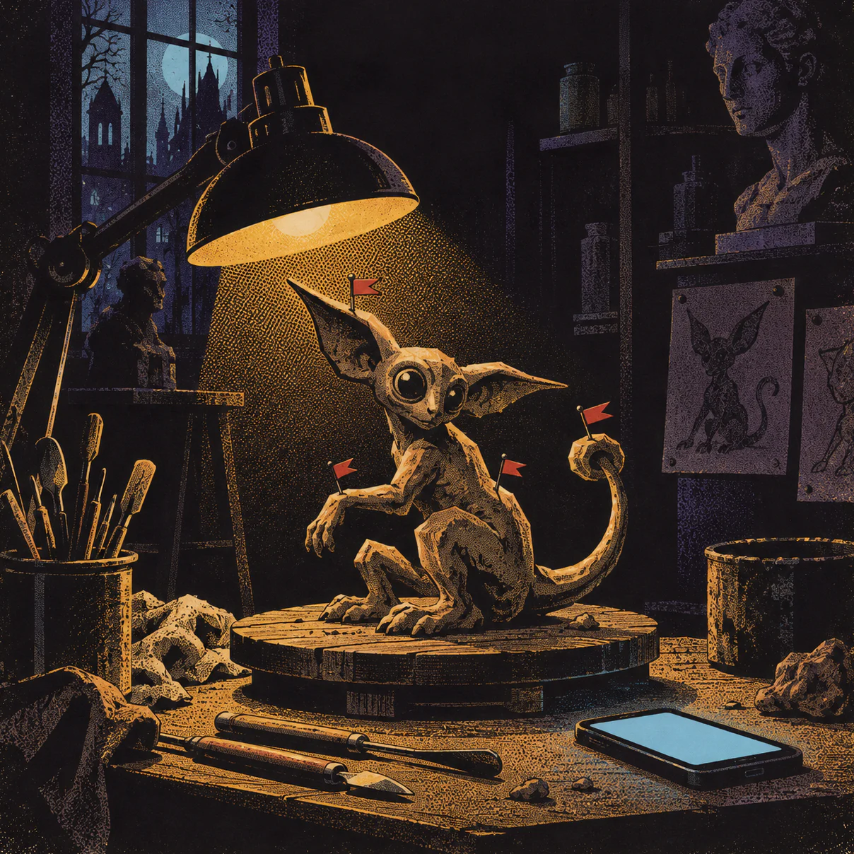 A small clay creature on a turntable with four little red-flagged pins stuck into it, a phone glowing beside it.