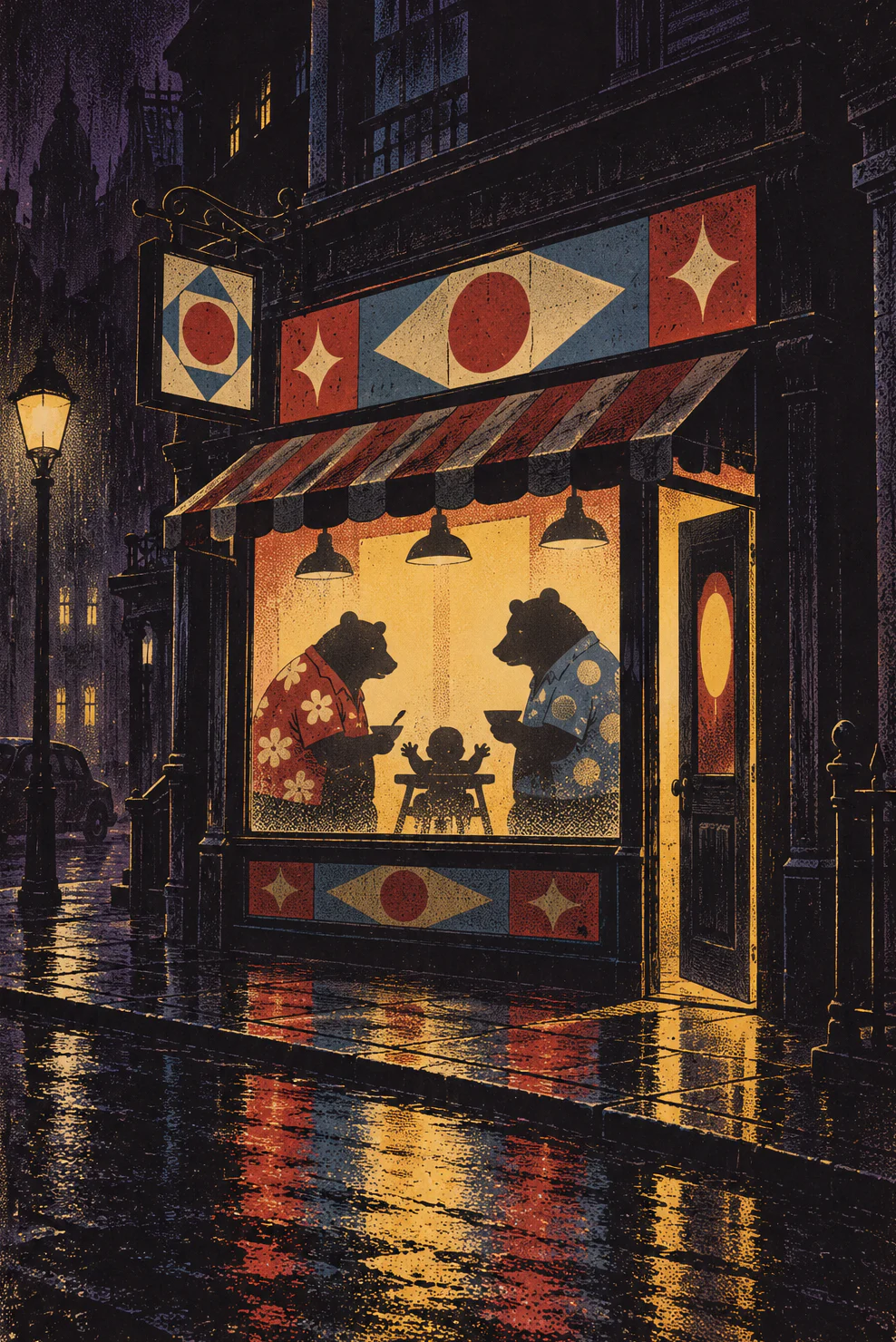 A peculiar shopfront on a wet street at night, its window glowing red, yellow and blue. Behind the glass, the silhouettes of two bears in loud shirts and a baby in a high chair.