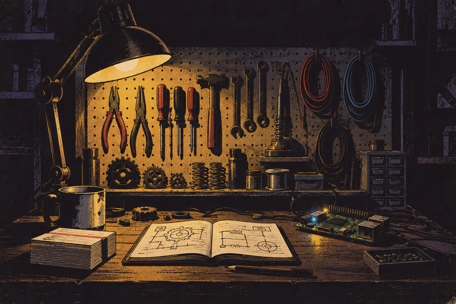 A workbench at night: pegboard of tools, coils of cable, a notebook of diagrams, a mug, and a small single-board computer with blinking lights.