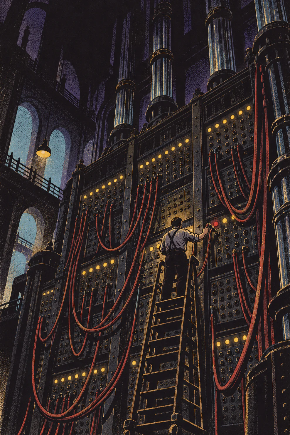 A switchboard wall three storeys high, patch cables hanging in arcs. On a tall ladder, one small figure plugs in a single cable.