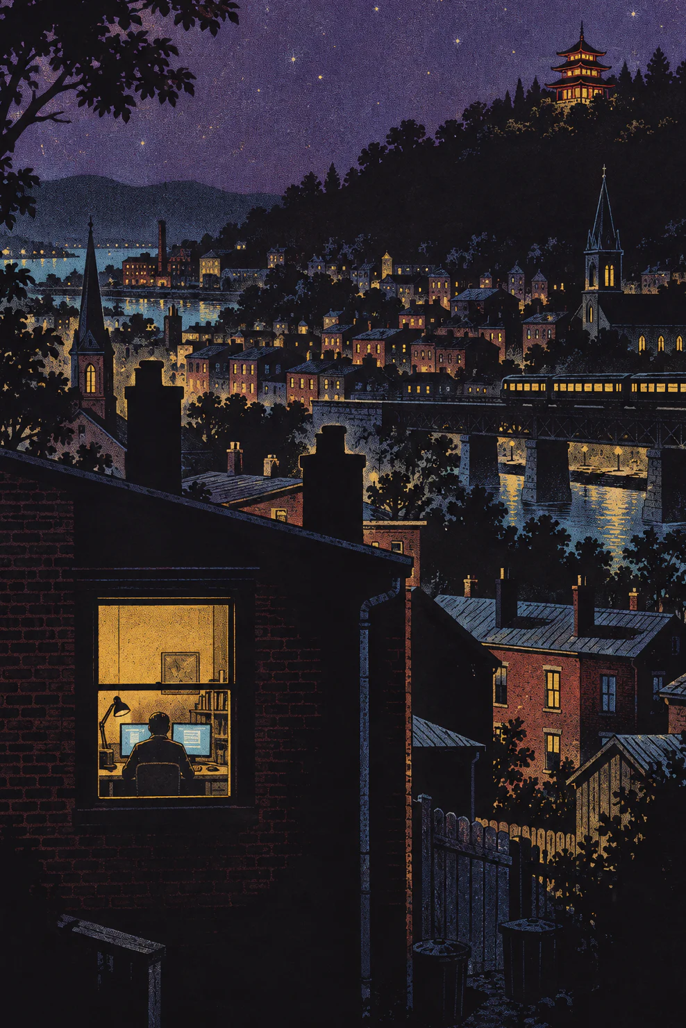 A small city at night seen from a hillside: brick row homes, church spires, a bridge, and a lit pagoda on the ridge. In one row-home window, a person works at two glowing monitors.