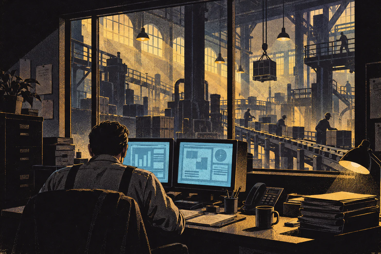 A modest office above a factory floor. Someone sits with their back to us at a desk with two glowing monitors.
