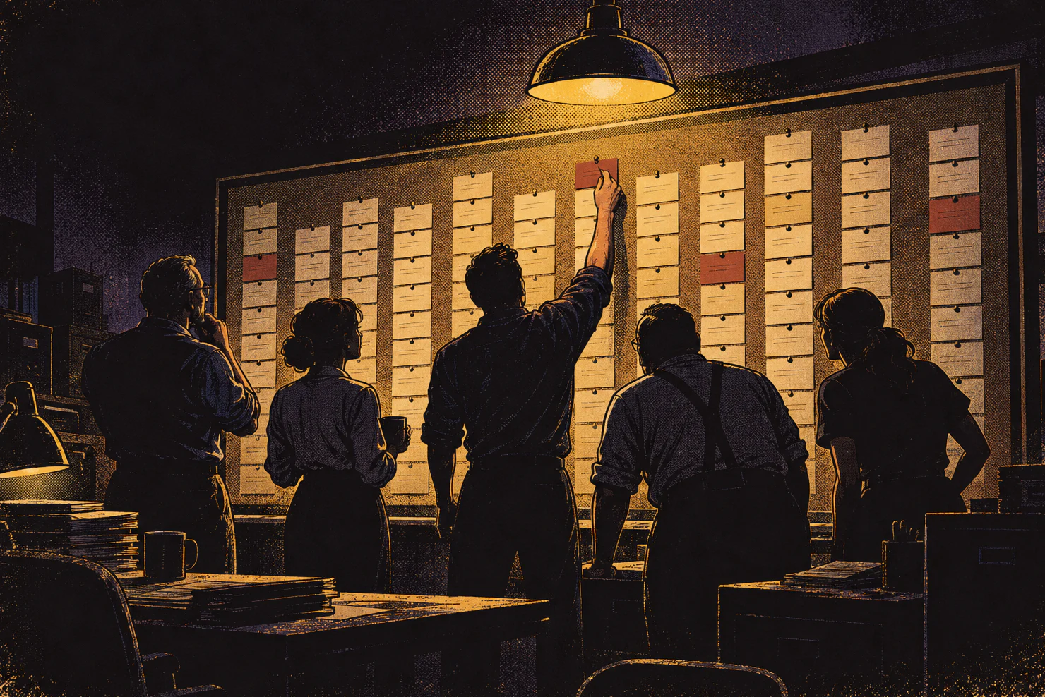 A small team, seen from behind, at a wall of index cards sorted into columns. One of them moves a red card to the top. Nobody stands in front.