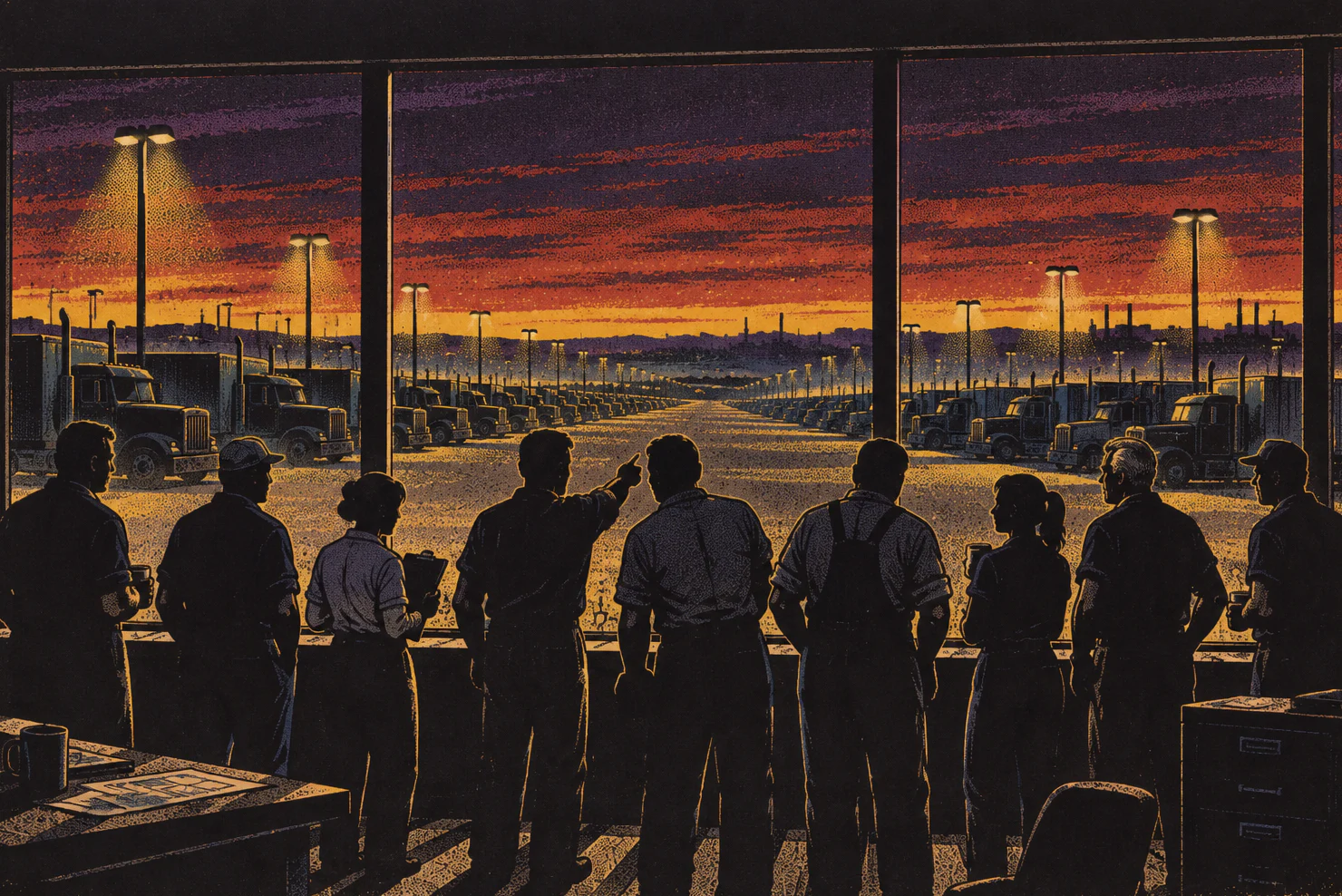 Nine silhouetted people at a big window at dusk, looking out over a truck yard. Nobody stands in front.
