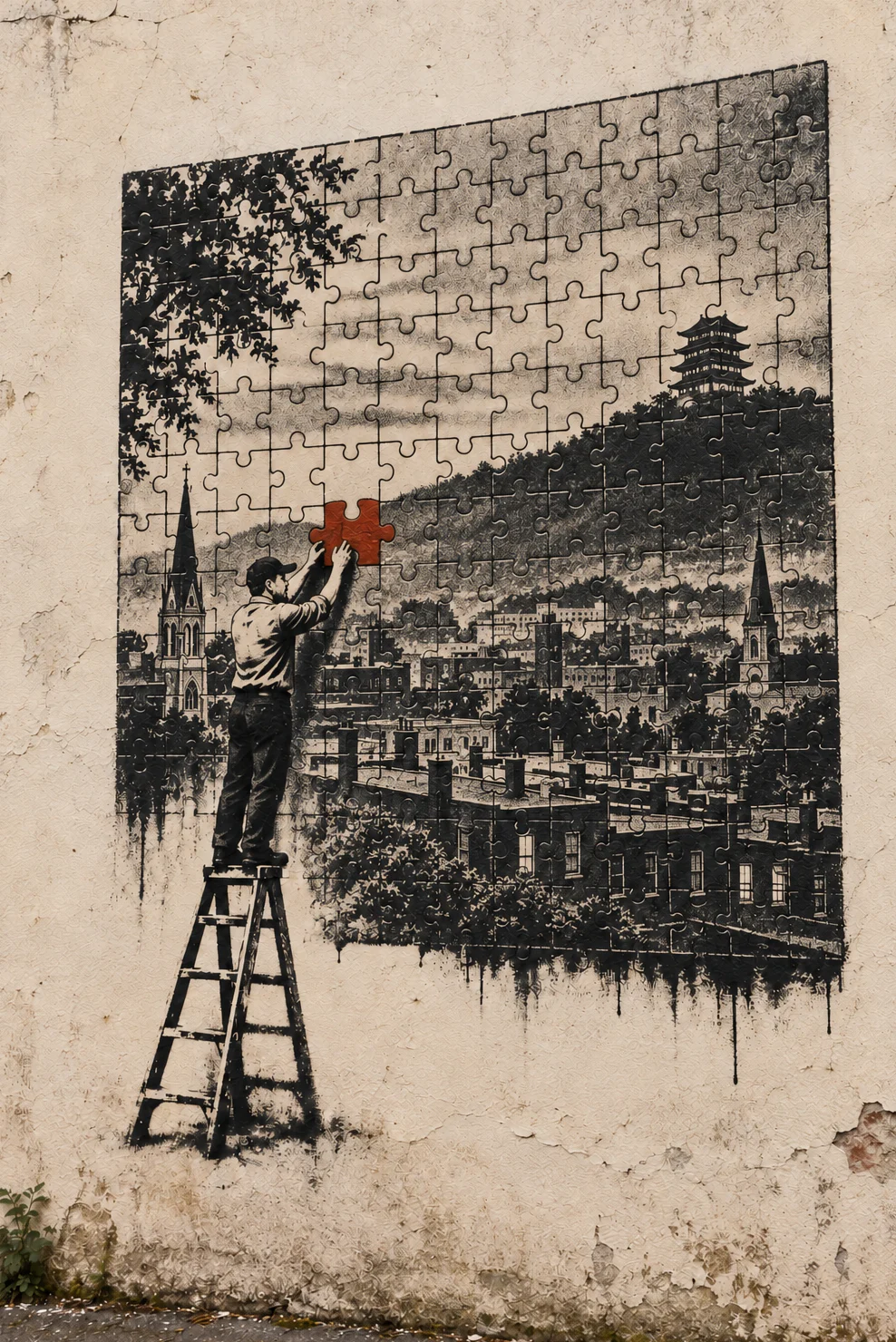 A street stencil on a weathered wall: a man in a cap on a stepladder fits one red jigsaw piece into a huge, nearly finished puzzle of Reading, its steeples, rowhouses and the Pagoda on the ridge.