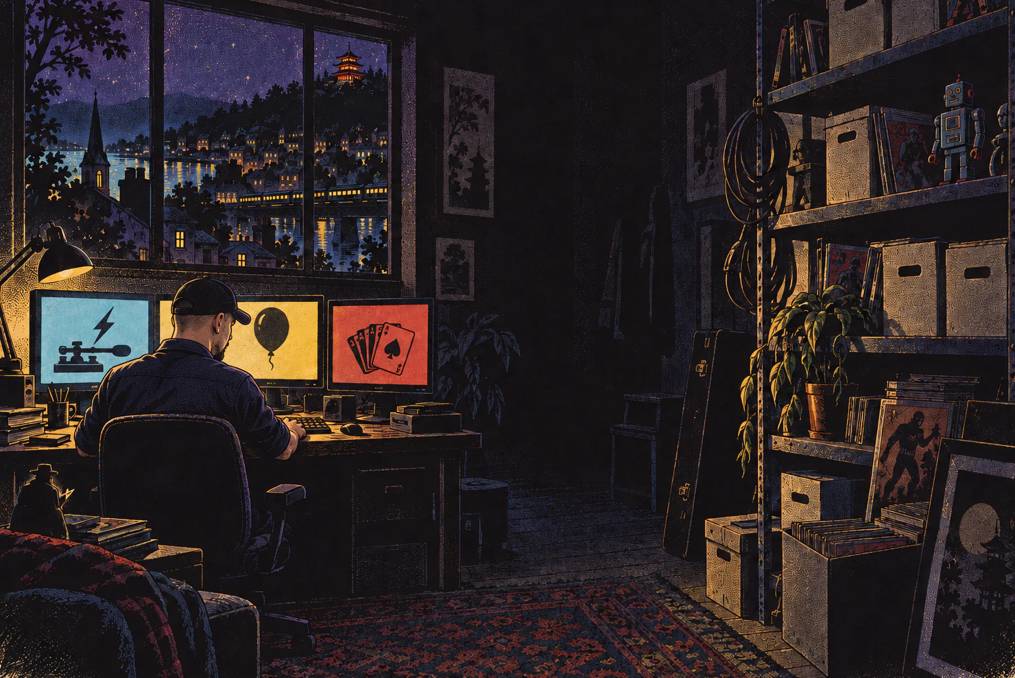 A home office at night. A man in a black cap and a navy shirt, seen from over his shoulder, works at three monitors: one shows a telegraph key, one a balloon, one a hand of cards.