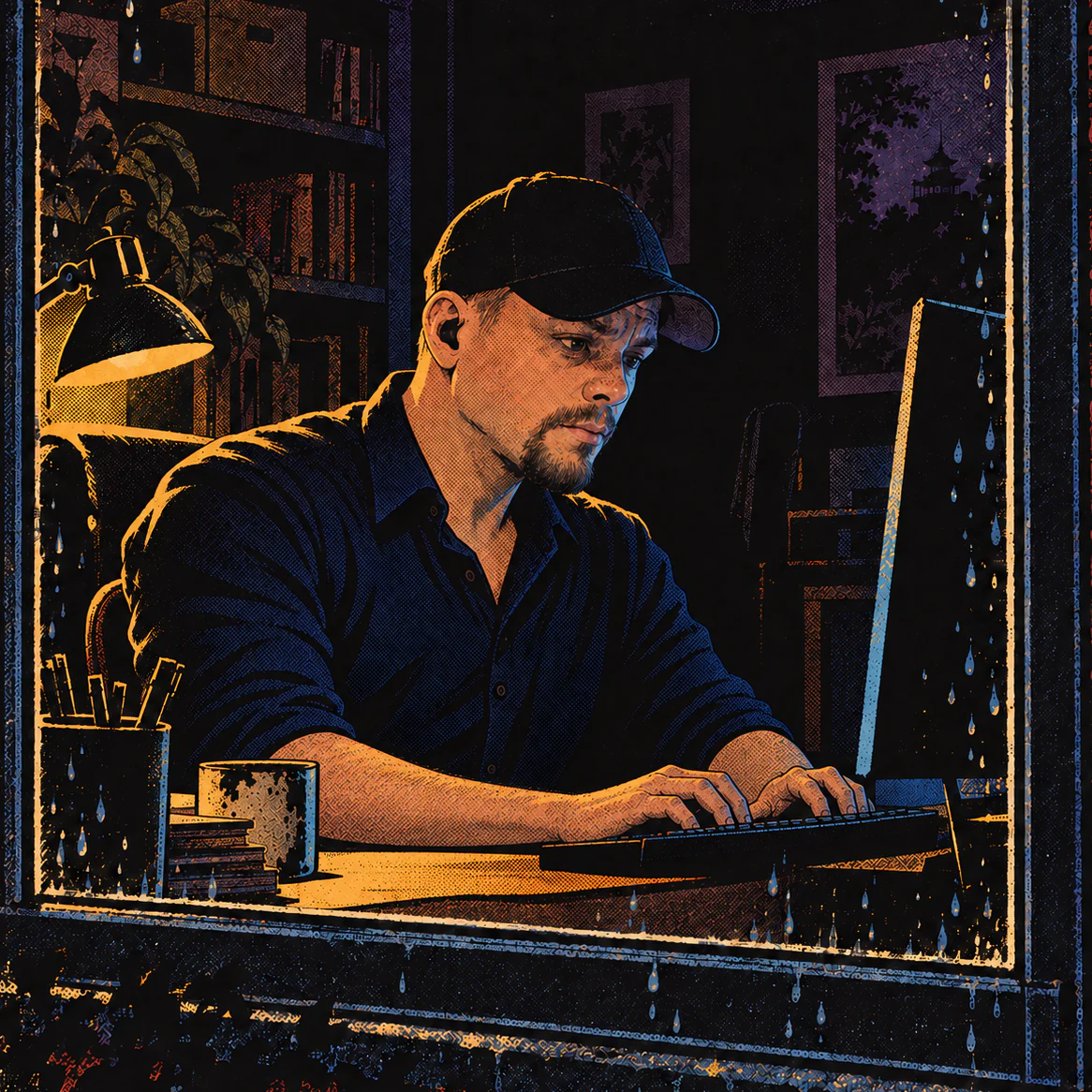 Closer, through the window: a man in a black cap and a navy shirt with rolled sleeves works at his keyboard, a chipped mug beside him, lit by the monitor.