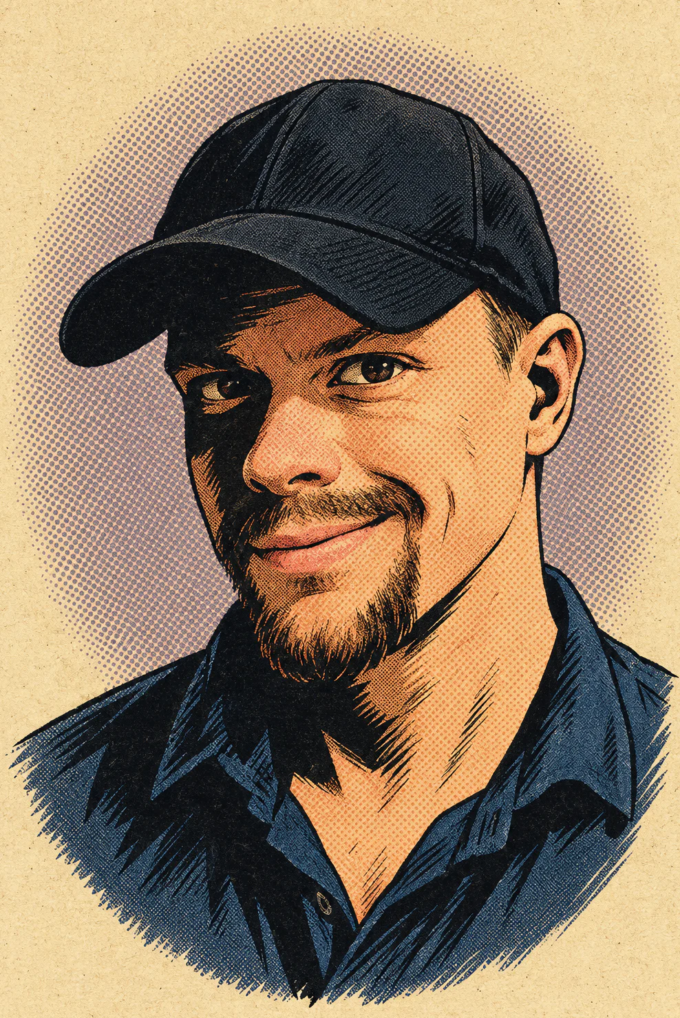 A small ink sketch of the author: black cap, short goatee, a half smile.