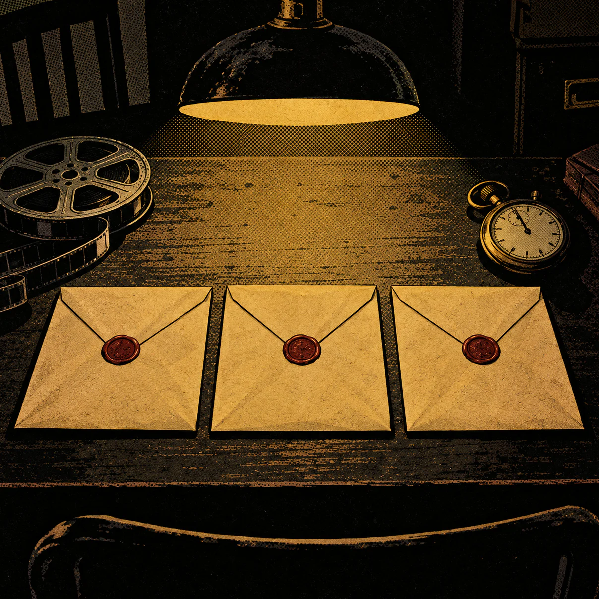 Three identical sealed envelopes side by side under a lamp, each closed with red wax, no way to tell them apart. Beside them, a reel of film and a brass stopwatch.