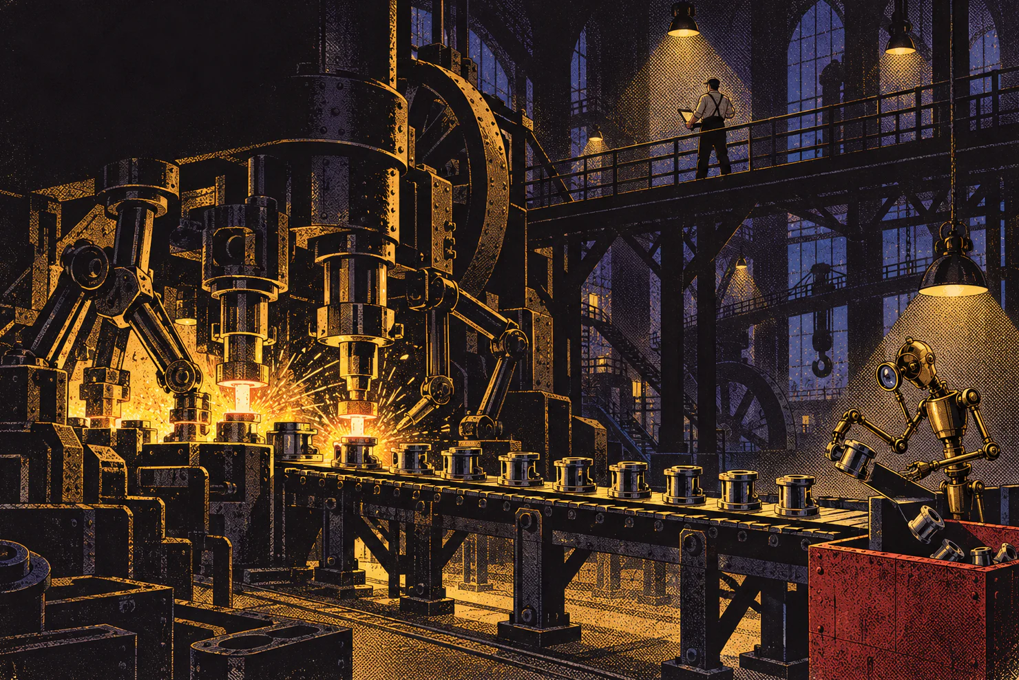 A vast foundry at night. A huge many-armed builder machine forges glowing parts in a shower of sparks. A conveyor carries them to a slender brass inspector with a loupe for an eye, who drops the bad ones in a red bin. On a gantry between them, one person with a clipboard watches both.
