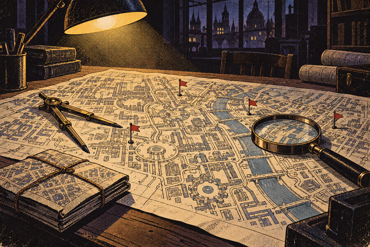 A cartographer’s table under a lamp: a hand-inked map of a city laid out like machinery, pinned with small red flags, a magnifying glass resting on it. In the corner, a copy of the whole map is folded into one small packet tied with string.