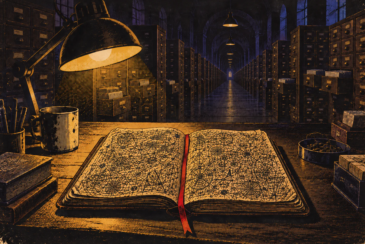 A small leather notebook lies open under a desk lamp, its pages scribbled nearly black. Behind it, an endless hall of card-catalog drawers runs away into the dark.