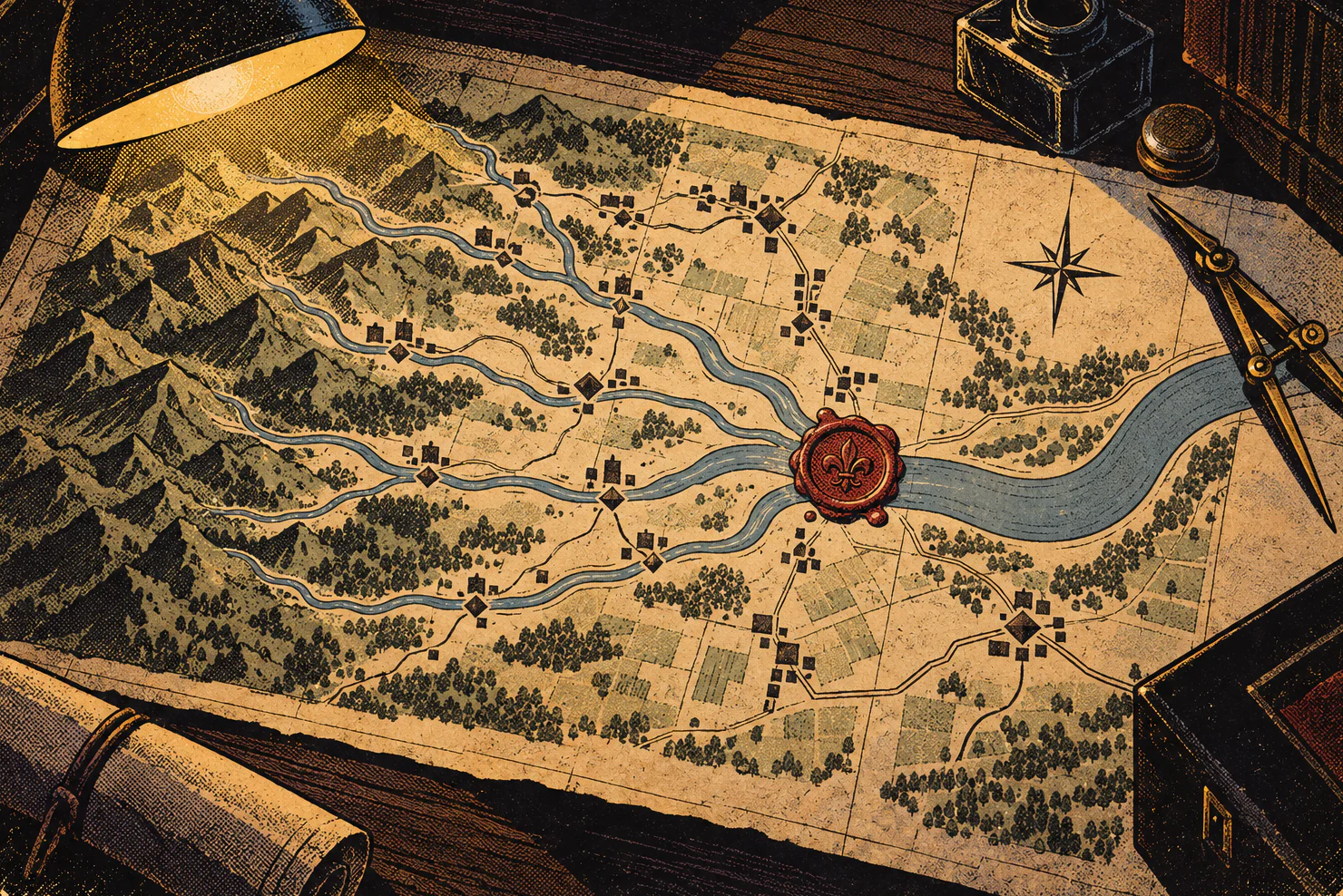 An old survey map seen from above. Small streams lined with little town markers run down from the hills and join into one broad river, like a flowchart drawn as geography. A red wax seal is pressed where they meet.