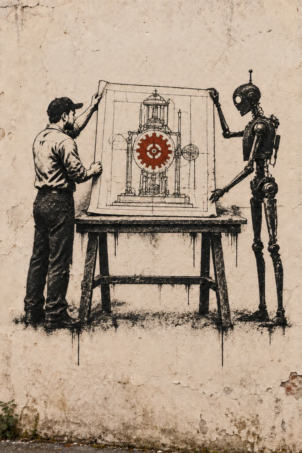 A street stencil on a weathered wall: a man in a cap and a tall brass automaton hold up one big blueprint of a machine between them. One gear on it is painted red.