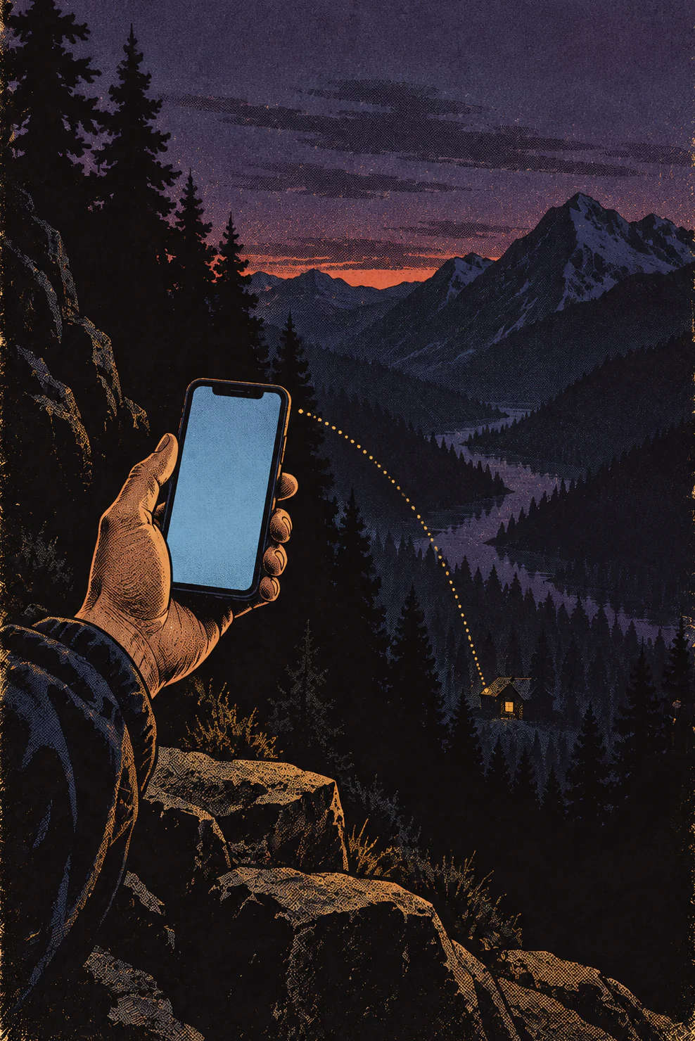 Dusk on a mountain trail. A hand holds up a glowing phone. Far below, one lit window in a house among the pines, joined to the phone by a dotted line of tiny lights across the sky.