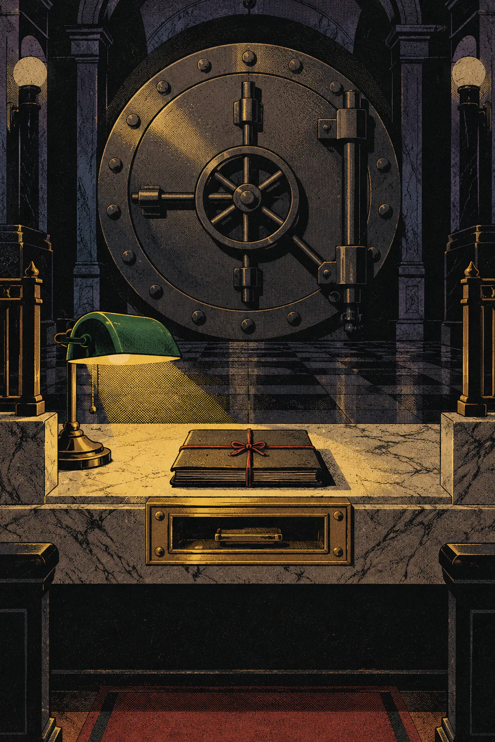 A grand old bank hall at night. A great round vault door fills the back wall. On the marble counter in front of it, one thick dossier tied with red string waits beside a small brass pass-through drawer.