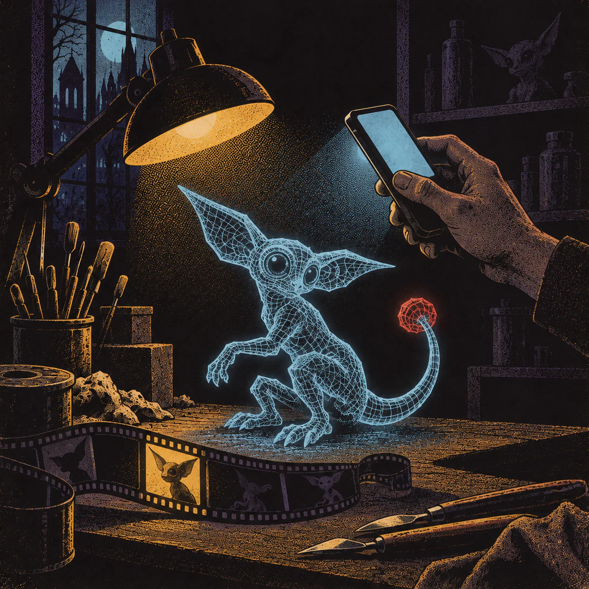 A small long-eared creature as a glowing blue wireframe on a workbench, its tail tip lit red as if selected. A strip of film frames curls beside it, and a hand holds a phone over it.